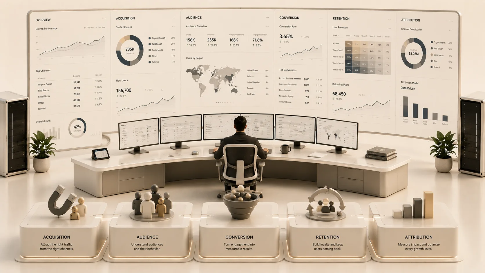 A growth analytics console in warm neutrals. The wall reports overall growth performance and top channels, acquisition traffic sources totalling 235K sessions, an audience overview with users by region, a 3.65% conversion rate with top conversions, a weekly user-retention cohort grid, and data-driven attribution by channel. An analyst works five screens below. Five plinths along the foot read acquisition, audience, conversion, retention and attribution.